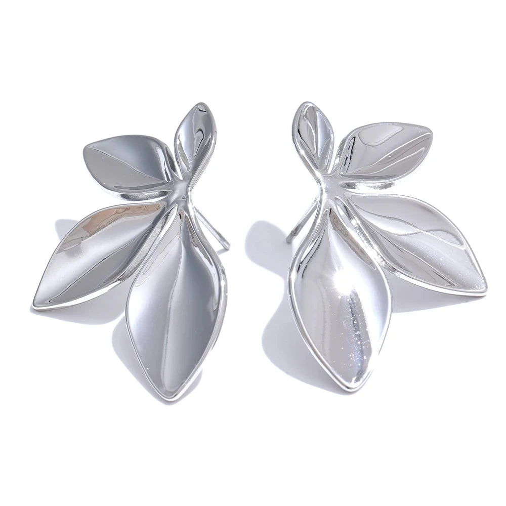 Fashion Stainless Steel Leaves Flower Stud Earrings