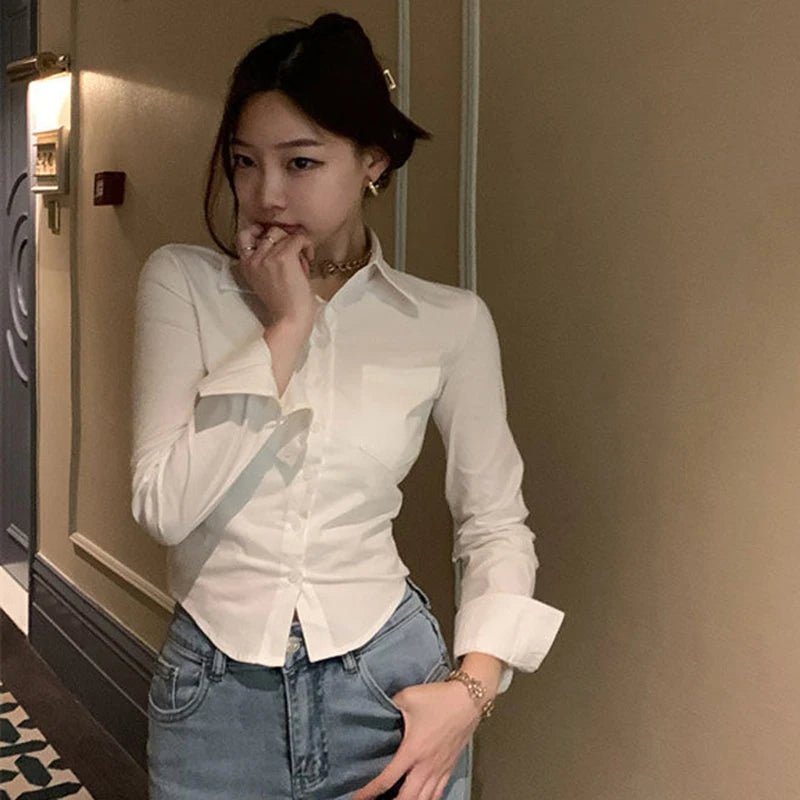 Korean White Office Women Chiffon Shirt Pocket Button Lapel Ladies Blouse