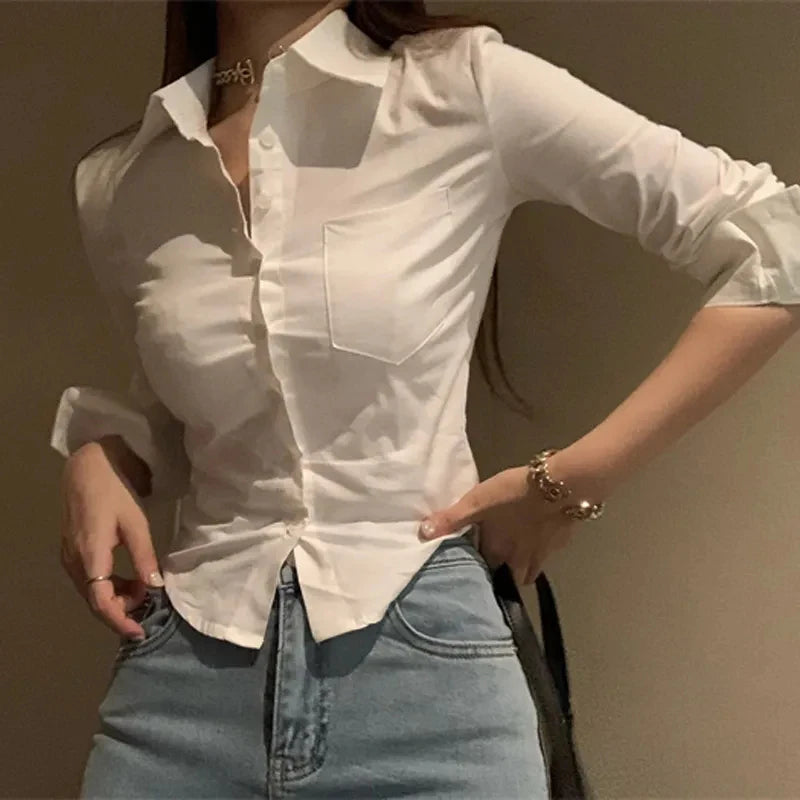 Korean White Office Women Chiffon Shirt Pocket Button Lapel Ladies Blouse