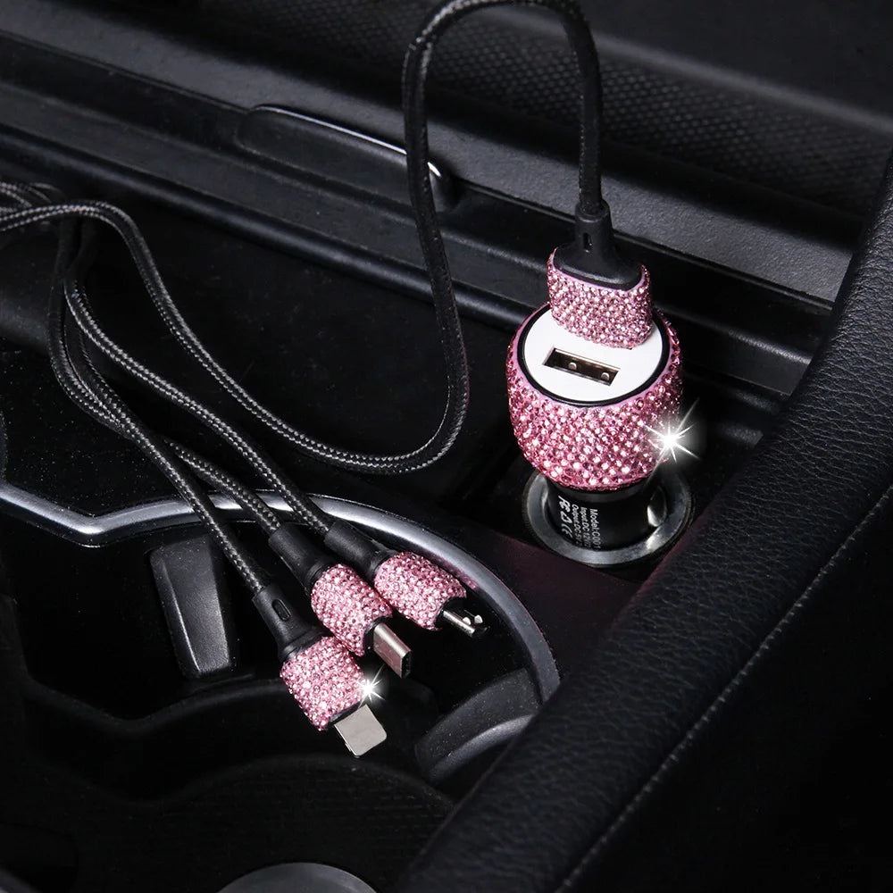 New Bling USB Car Charger 5V 2.1A Dual Port Fast Adapter Pink Car Decor