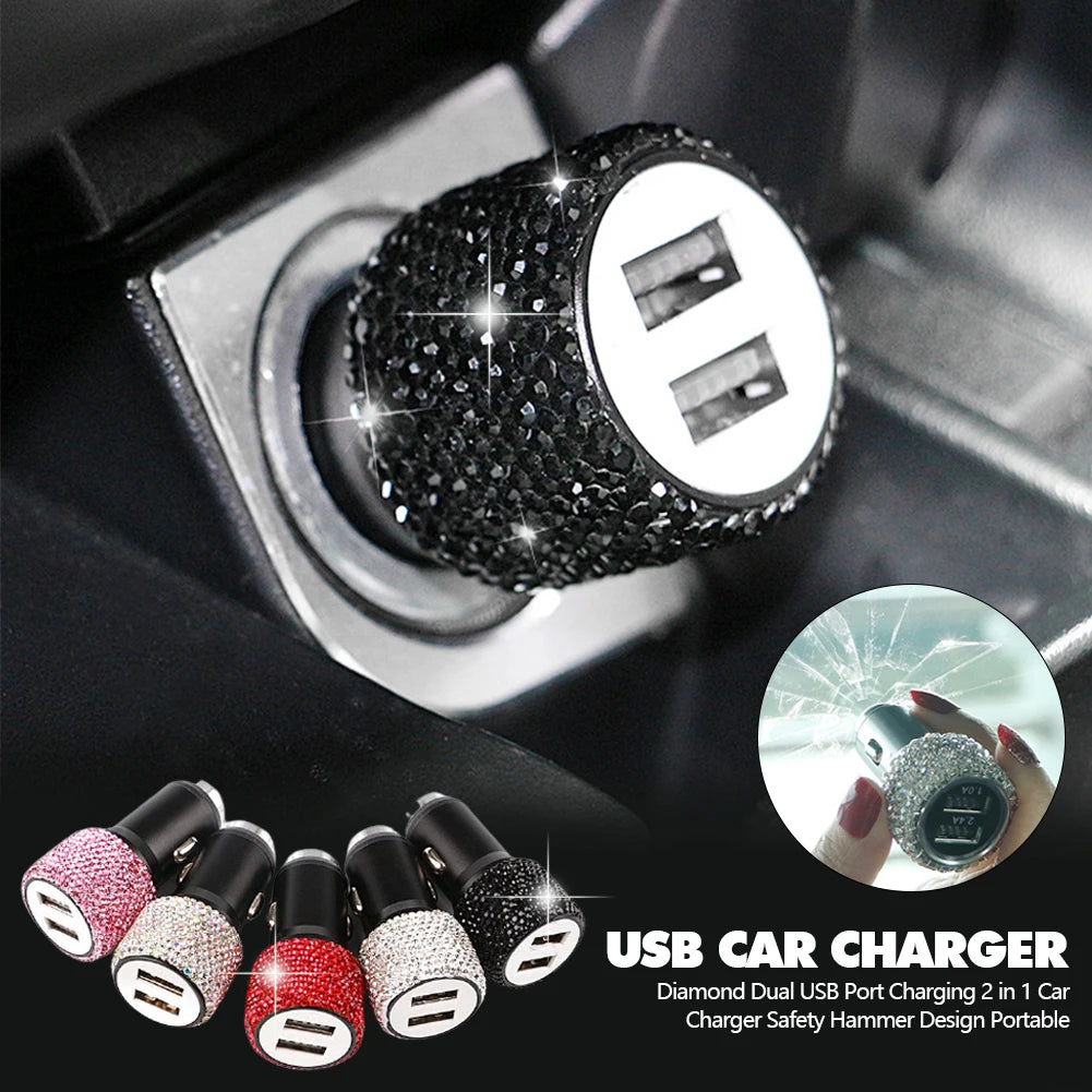 New Bling USB Car Charger 5V 2.1A Dual Port Fast Adapter Pink Car Decor